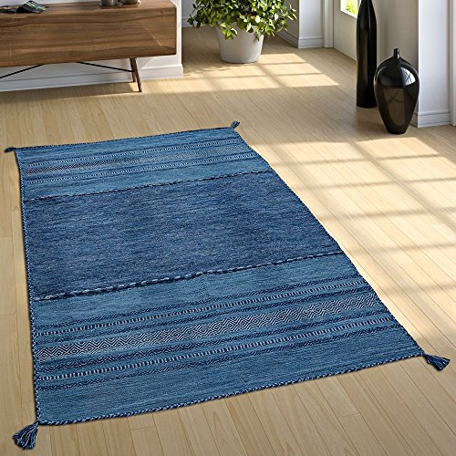 Paco Home Wohnzimmer Natur Teppich m. Fransen, Handgewebter Muster Kelim, 100% Baumwolle, Grösse:120x170 cm, Farbe:Blau