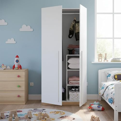 Guardaroba 2 Ante Abilene, Armadio per Camera da Letto, Mobile con 3 Ripiani e Barra Appendiabiti, 90x52h200 cm, Rovere Nodi e Bianco