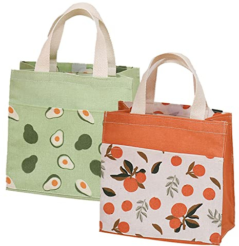 PLATEYTR Mini Borsa Tote Tela, 2pz Borsa di Tela Donna Borsa Shopper Cotone, per Uscire Shopping(Verde + Arancio, 22 * 22 cm)