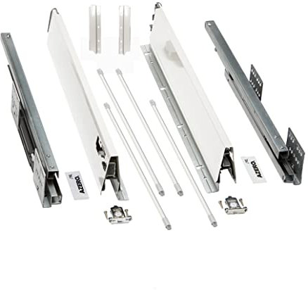 Cajón de cocina AZERODESIGN altura 199mm guías de freno de extracción total, rieles de hasta 50 kg de peso, color en blanco laterales regulables, kit de varillas redondas (270mm)