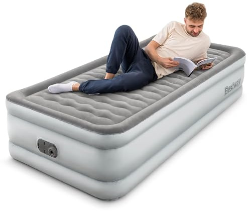 Bestway King Queen Double Single Size Air Bed, Airbed with Built-in Electric Pump, Fast Inflation, Wave Beam Support Mattress with Storage Bag, Grey