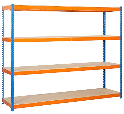 Cofan Étagère à Demi-Charge en Acier | 4 étagères en Bois | Couleur Bleue et Orange | Convient pour entrepôt, Bureau, Garage, cellier | Dimensions : 2000 x 2100 x 600 mm