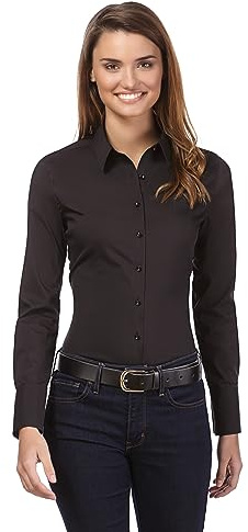 Vincenzo Boretti Chemisier Femme, Coupe cintrée Slim-fit, Tissu élastique-Infroissable et Respirant, mélange de Coton, Manche-Longue, col Kent, uni - Facile à Repasser Noir 38