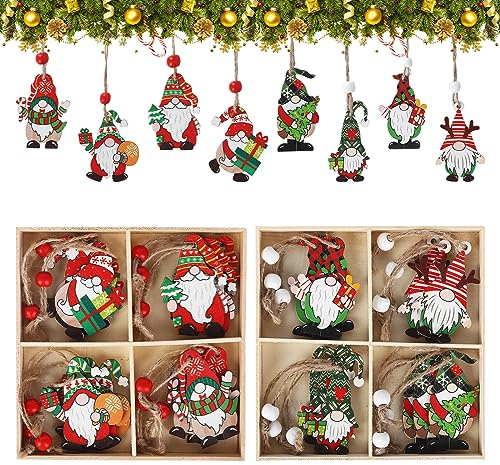 24 Piece Christmas Ornaments Set - Santa Claus, Christmas Tree, Gnome Wooden Hanging Pendants with Ropes & Twines for Xmas Party