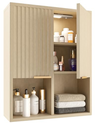 HAIOOU Fluted Bathroom Wall Cabinet with Motion Sensor Light, Curved Profile Wooden Medicine Cabinet Wall Mounted Cupboard, Wave Like Over Toilet Storage Cabinet with Buffering Hinges - Natural