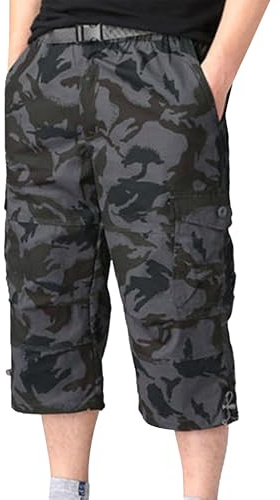 YAOBAOLE Shorts Cargo Homme Taille Elastique Shorts Été Homme Coton 3/4 Bermuda Hommes Coton Décontracté Camouflage Noir 2XL