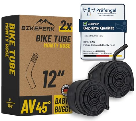 BikePeak 2x Camera d'aria flessibile per bicicletta per bambini, 12 pollici, Valvola Auto nera 40 mm a 45°, ETRTO 47/62-203, 2 pezzi Monty Rose