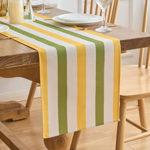 Runner da tavolo Strisce Moderno Verde Giallo Lavabile Runner Tavola Decorazione per Cucina per Primavere ed Estate Soggiorno Tavolo da Pranzo Vacanze Feste Matrimoni Lino 40 x 140 cm