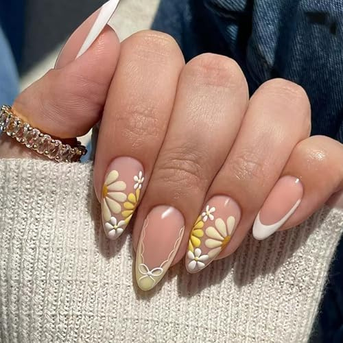 French Tip False Nails - 24PCs Short Almond Flower Design French Press on Nails - Glossy White Tip Fake Nails, Full Cover Stick On Nail for Women Manicure