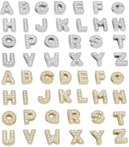 HuhWafee Set di 104 ciondoli a forma di lettera per bracciali, 0,2 cm, con strass e lettere, alfabeto in argento e oro, per braccialetti fai da te