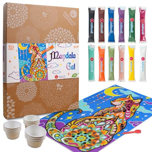 Sabbiarelli Sand-it For Fun – Maxi Set Mandala Gato 12-99 | Kit de Sand Art 100% Made in Italy con Arena de Colores, 1 Poster Adhesivo y Accesorios | Hobby Creativo Fácil, Relax para Jóvenes y Adultos