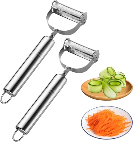 2 Stück Schäler Gemüse, Sparschäler-2 in1 Kartoffelschäler und Julienneschneider, Zackenschäler für Gemüse, Julienne Schäler, Sparschäler Edelstahl, Gemüseschäler Streifen, für Karotten Gemüses