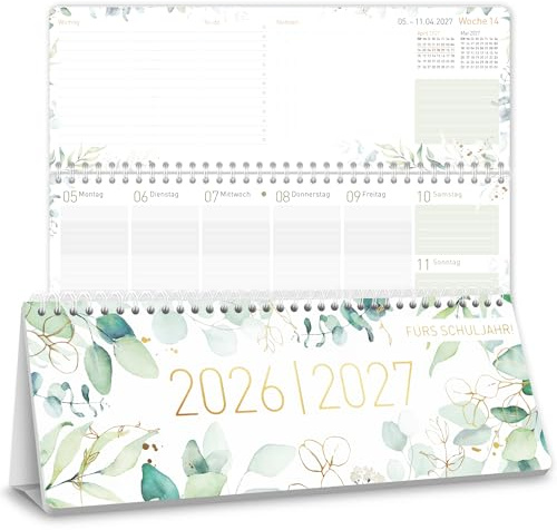 Häfft® Wochen-Tischkalender Schuljahr 2026/2027 Blattgold im Quer-Format mit Aufsteller, 1 Woche auf 2 Seiten - Schreibtisch-Kalender Schule mit Ferienübersicht für DE & AT