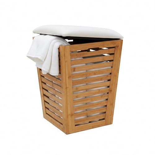 Relaxdays cesto de Ropa con Asiento y almacenaje, bambú y Tela, 56x40x40 cm, Natural/Crema
