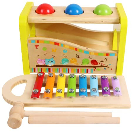 TOWO Hölzernes Hammerkugel- Xylophon-Set – Schlägel und Stifte die eine Kugel Schlagen Klopfbank – Spielzeug für Babys 1 Jahr alt Kleinkind – kleines motorisches musikalisches Spielzeug für Kinder
