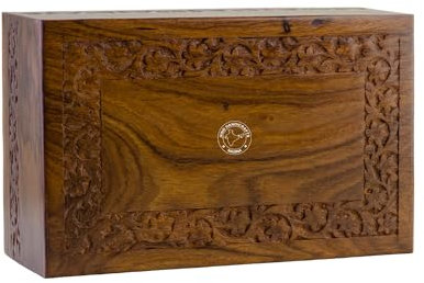 HIND HANDICRAFTS Caja de cremación de madera hecha a mano y hecha a mano con bordes de palisandro para cenizas humanas adultos, caja de urna funeraria (grande: 9 x 5.5 x 4.5 pulgadas, 180 libras o 72
