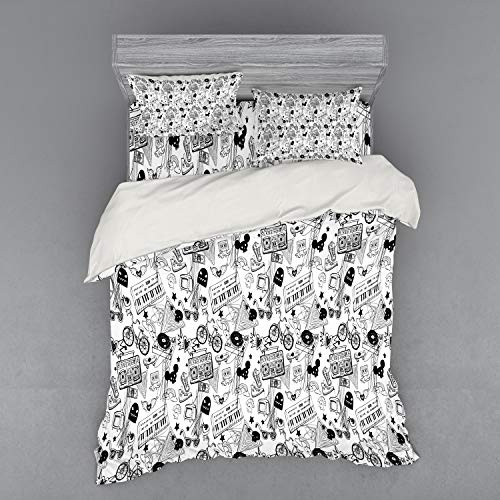 Ambesonne Black and White Duvet Cover Set, Punk Teenage Pattern Cassette Keyboard Ghost Heart and Boombox Doodle, 4 Piece Bedding Set with Shams and Fitted Sheet, Queen Size, Black White