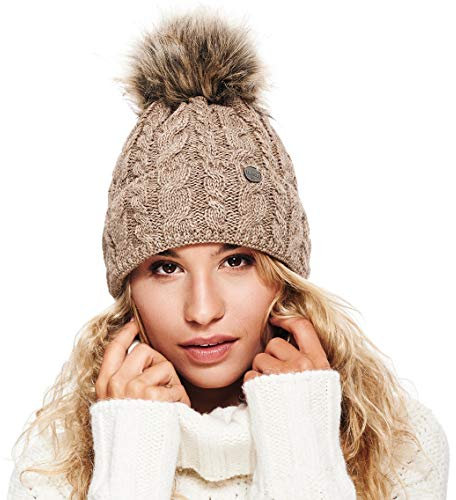 ELIMELI® Damen Winter Mütze warme Strickmütze Wintermütze mit Bommel Slouch Strick Beanie Damen für Winter Bommelmütze Hergestellt in EU Farbenauswahl 15568 (Cappuccino)