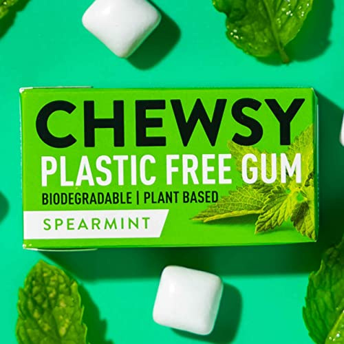 Chewsy Spearmint (menta verde) Chicle natural sin plásticos, azúcar ni aspartamo, 100% xilitol, vegano, 15 g (paquete de 12 cajas, 120 chicles)