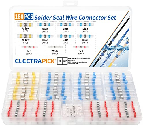 electrapick Lötverbinder Set 180-tlg Kabelverbinder mit Transparent Schrumpfschlauch, Wasserdicht Sortiment Stoßverbinder, Weiß Rot Blau Gelb