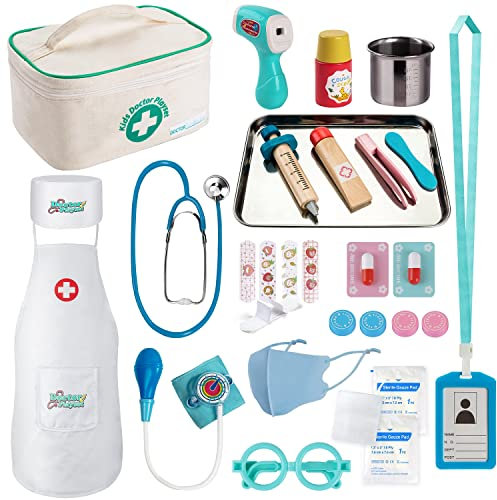 EFO SHM Arztkoffer Kinder Holz Arzttasche Doktorkoffer Spielzeug, Echt Stethoskop, Arztkittel Doktor Spielset Rollenspiel Kit Geschenke für Kinder ab 3 Jahren