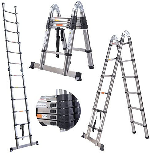 3.8M/12.5FT Stainless Steel Telescopic Ladder, Portable Folding Extension Ladder A Frame, 1.9M+1.9M Loft Ladder Multi-purpose for Home RV, EN131, Max Load 150kg/330lb
