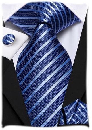 Hi-Tie Herren Krawatte Schwarz Paisley/Plaid/Streifen/Einfarbig Krawatten Set Einstecktuch Manschettenknöpfe Business Formal Hochzeit Meeting Geschenkbox,blauer Streifen