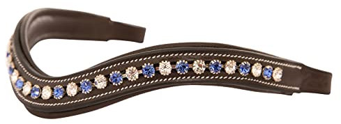 Exion Pferdestirnband für Englisches Zaumzeug | Geschwungenes, gepolstertes Reitstirnband für Turnier & Dressur | Klares und blaues Kristall-Stirnband für Pferde