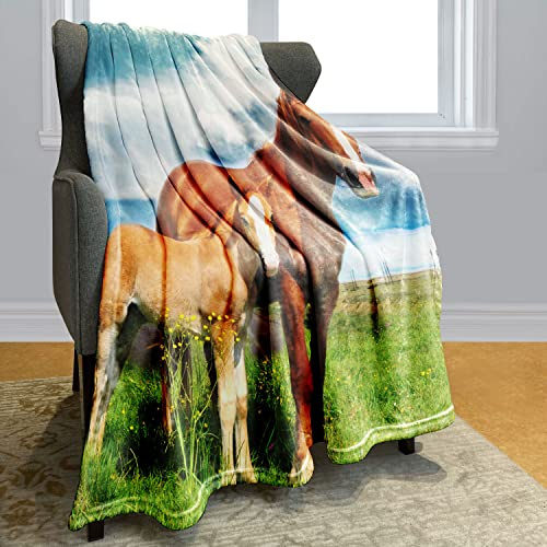 Zomer Decke 150x200 cm Kuscheldecke Flauschig Sofa Decken Weich und Warme Mikrofaser Tagesdecke mit Eltern-Kind Pferd Motiv
