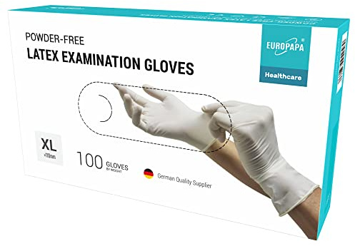 Europapa® 100 x latex undersökningshandskar vita blå puderfria EN455 och EN374 handskar latexhandskar i stl. XS, S, M, L och XL (XL, vit)