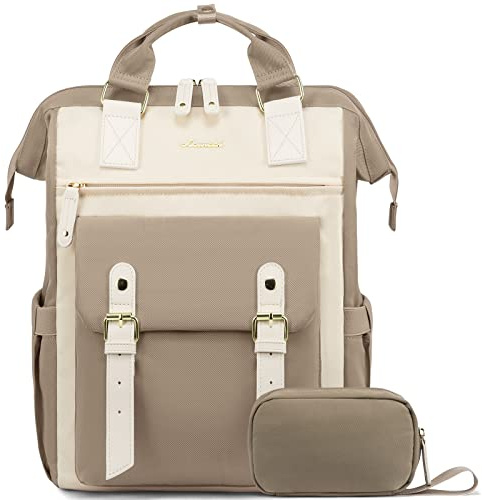 LOVEVOOK Rucksack Damen, Groß Laptop Schulrucksack Mädchen Teenager 17 Zoll mit Datenkabel-Beutel, Wasserdicht Reiserucksack Schultasche Backpack Elegant für Uni Arbeit Business Reise Beige