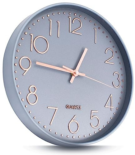 Joejis 30cm Wanduhr ohne Tickgeräusche, Lautlose Wanduhr ohne Ticken durch Sweep-Mechanismus - Modernes Quarzdesign Dekorative Badezimmer Wohnzimmer Flur - Grau und Roségold