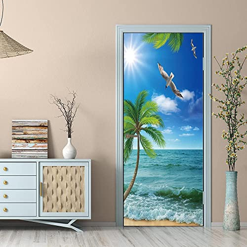 3D Palmeras Junto Al Mar Póster De Puerta, Pegatina Autoadhesiva Para Puerta, Papel Tapiz, Mural Artístico, Pegatina De Pared, Foto 77 X 200 Cm Para Sala De Estar, Dormitorio, Baño, Cocina, Oficina,