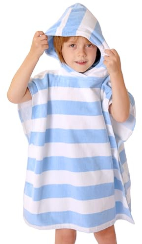 TBEZY Toddler Bath Towel Poncho Thick Cotton Striped Beach Towels for Kids Gifts (2-6, Blue)