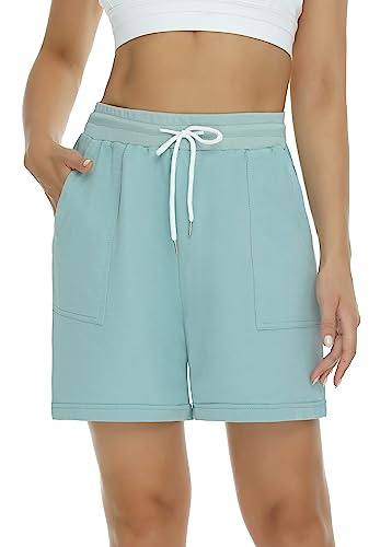 Sportshorts för dam bomull korta byxor med fickor hög midja, andas, mjuka shorts med elastisk dragsko bermuda för yoga, fitness, joggingsemester, Turkosgrön, XXL