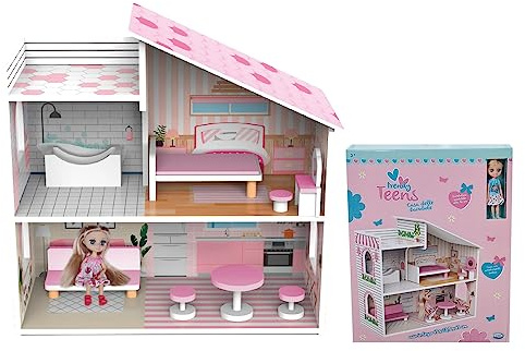 ODS - Trendy Teens, Casa de Muñecas de Madera, Casa de Juguete de 2 Niveles con Accesorios y Fashion Doll Muñeca Incluida, 48 x 48 x 23,8 cm, Edad Recomendada +3 años