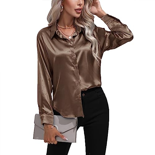 Daysskk Blusa para mujer, elegante, manga larga, satén, cuello en V, holgada, marrón claro, L