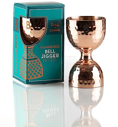 Hammered Bell Jigger by Bull In China - Premium 100% Copper with 0.25oz to 2oz Measures for Cocktails, Bars & Bartenders