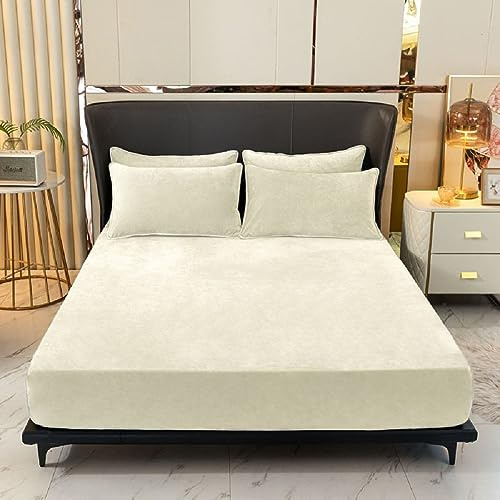 Warme Winter Spannbettlaken Bettlaken Fleece 180x200 Weiß Beige Flausch Cashmere Touch Teddy Plüsch Flanell Kuschelige Flauschige Bett Spannbetttuch für Boxspringbetten Topper 30 cm Hohe Matratzen