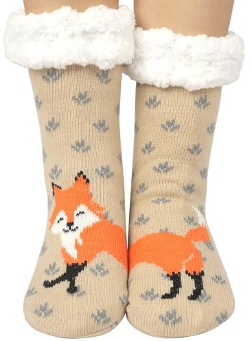 Toes Home Chausson Chaussette Chaudes Femme, Antidérapantes à Motif Animal d'hiver Chaussettes Polaire Épaisses Pantoufles Fille