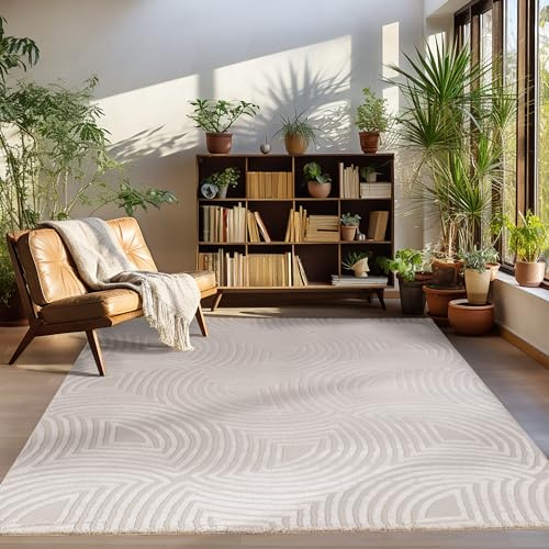 Carpettex Teppich Kurzflor Läufer Flur Wohnzimmerteppich Beige Skandinavisch Stil 3D Effekt 80 x 250 cm - Waschbarer Bettvorleger Schlafzimmer Küchenläufer Boho Muster Weich Flauschig