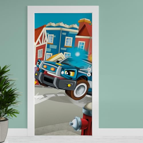 Finest Folia Türfolie 90x200 cm Türtapete Türposter Folie für Tür Wohnzimmer Kinderzimmer Küche Türaufkleber Bad Aufkleber selbstklebend TF04 (28 Polizeiauto)