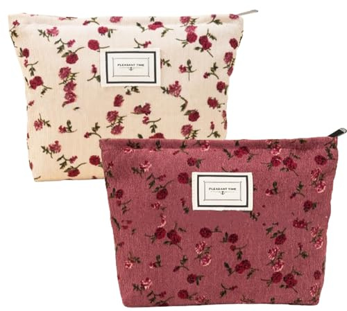 2 Pcs Tragbare Make-Up-Tasche, Cord-Kosmetiktasche Reißverschluss(Gelb+Rot) | Tragbare Reise-Kosmetiktasche, Rosenknospenmuster Multifunktionaler Reisen Kulturtasche Lagerung Organizer für Damen Mädchen