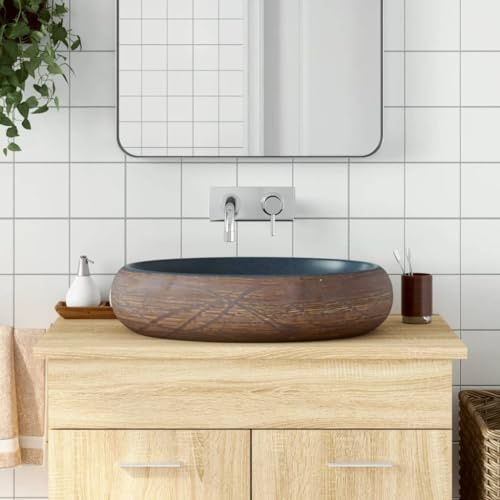 Gecheer Lavabo da Appoggio Marrone e Blu Ovale 59x40x15 cm Ceramica,Lavello per Bagno,Lavabo Bagno,Lavandino da Appoggio,Lavabo in Ceramica,Lavabo Rotondo,Lavandino Rettangolare