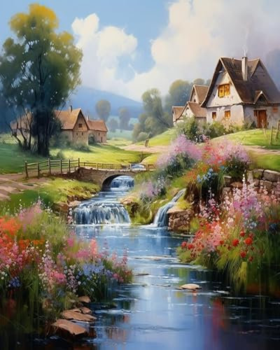 ZMHZMY Malen nach Zahlen Erwachsene,Fluss im Dorf DIY Handgemalt Ölgemälde Kits auf Leinwand Geschenk für Weihnachten Geburtstag Home Haus Deko,40x50cm