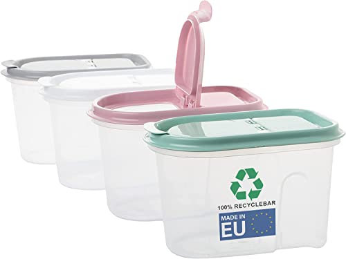 SUSTANIA Vorratsdosen 4er Set Mix 1L, Schüttdosen, transparent mit Klappdeckeln, Müslispender, aus Kunststoff, ideal z.B. für Müsli, Made in Europe, 100% recyclebar