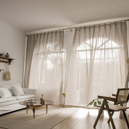 Beydodo Vorhänge Khaki 2er Set mit Haken, Gardinen für Schienensystem 86x115CM Japanisch Kariert Motiv Gardinenschals Polyester Halbtransparent für Wohnzimmer Schlafzimmer Küche