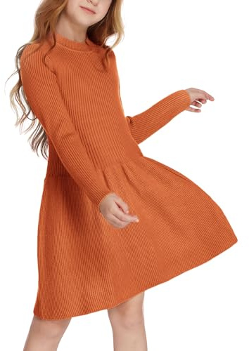 Arshiner Vestido de suéter para niña, Vestido de otoño e Invierno, Vestidos de Punto de Manga Larga, Vestidos Skater Acampanado, Corte en A, Monocolor, básico, Naranja, 150