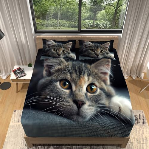 Polychromatisch Print Spannbetttuch 180 x 200 cm Spannbettlaken mit 2 Kissenbezügen mit Lässige Katze Muster für Schlafzimmer Dekor Weiches Weiche Mikrofaser Spannbettlaken