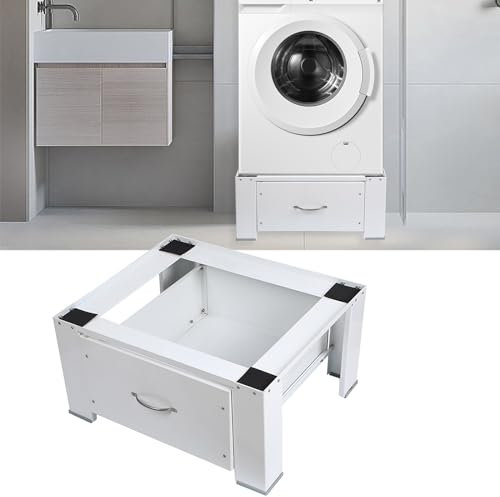 Adjustable Washing Machine Base Frame with Drawer Sturdy Pedestal for Washer and Dryer 62.5 x 54.5 x 32.5 cm Heavy Duty Stand for Washing Machines and Dryers